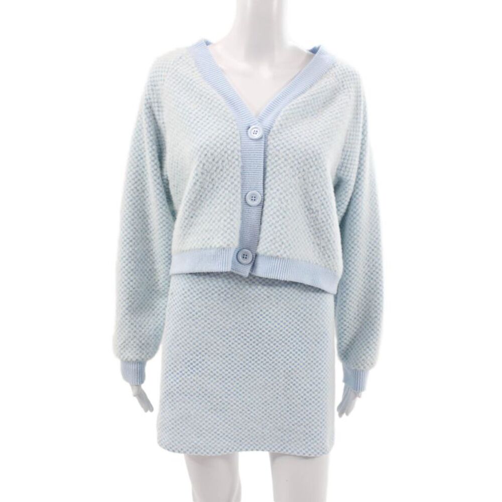 Zara Women Set Blue Check V-Neck Long Sleeve Short Skirt Button Size M